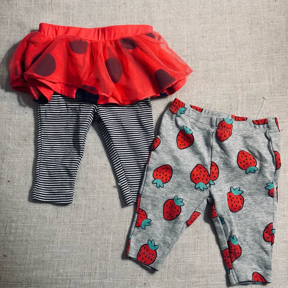 Carter's 3 months Red Tulle Skirted Leggings & Gray Strawberry Print Pants